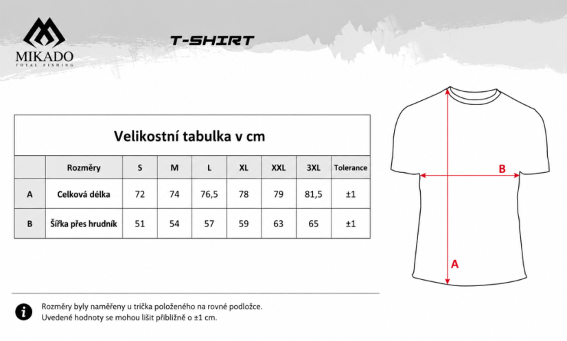 Mikado rybářské tričko BAITNOW Carp V1 - velikostní tabulka