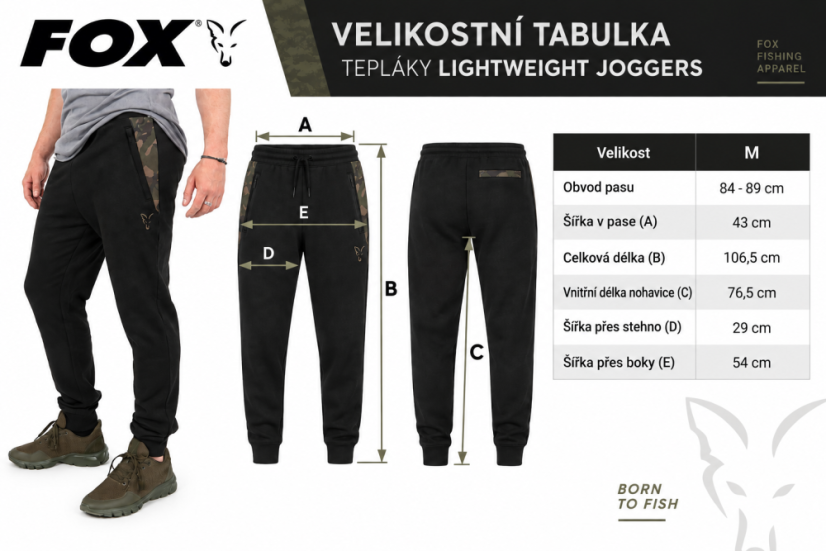 Fox tepláky Lightweight Joggers Black/Camo Print - velikostní tabulka