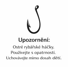 Upozornění – ostré rybářské háčky, používejte s opatrností, uchovávejte mimo dosah dětí