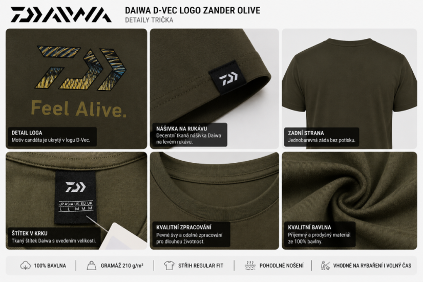 Přehled detailů trička Daiwa D-Vec Logo Zander Olive