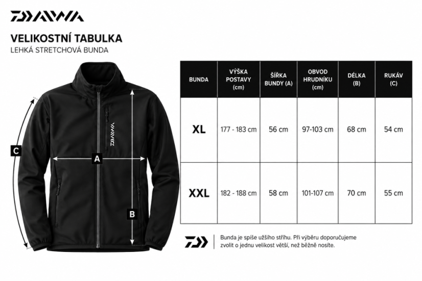 Daiwa bunda Wind Block Stretch Jacket Black - tabulka velikostí
