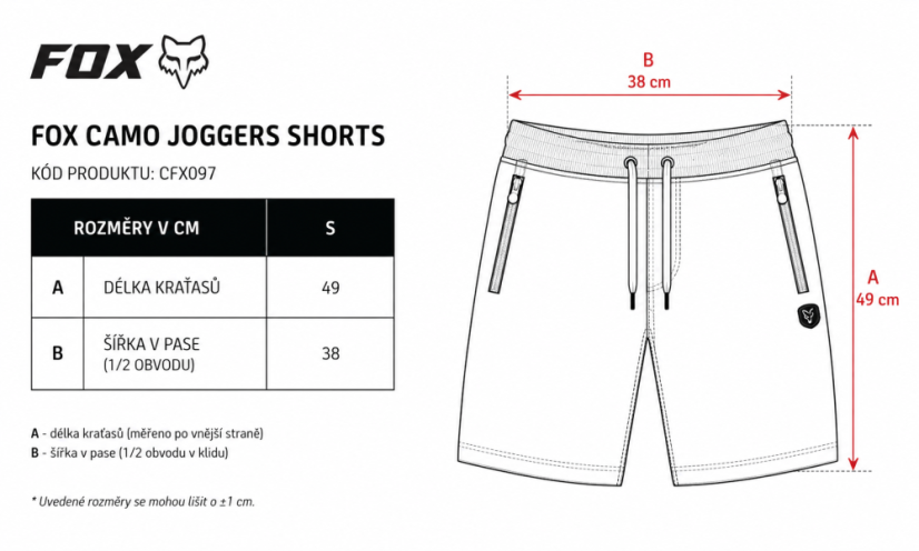 Tabulka velikostí - Fox rybářské kraťasy Camo Jogger Shorts