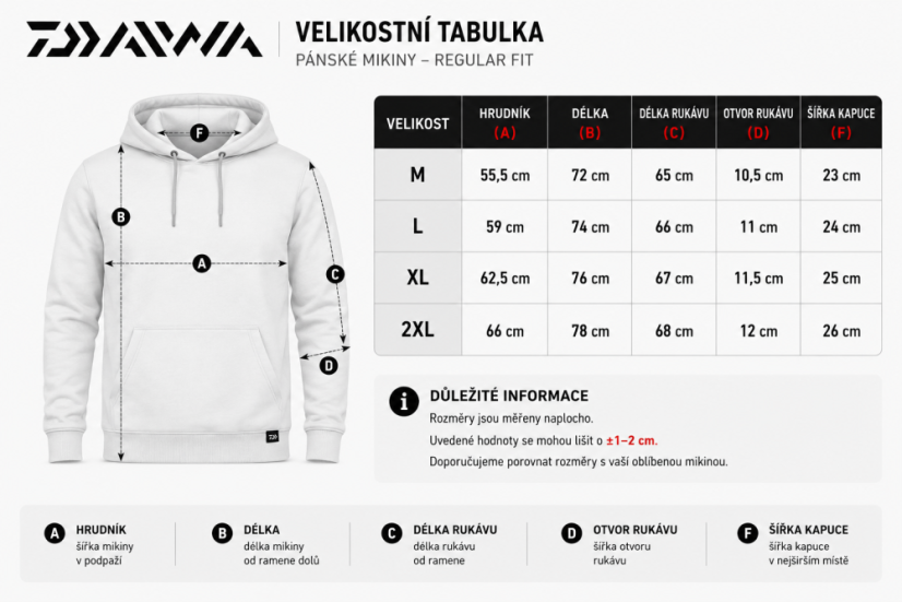 Tabulka velikostí Daiwa rybářské mikiny s kapucí