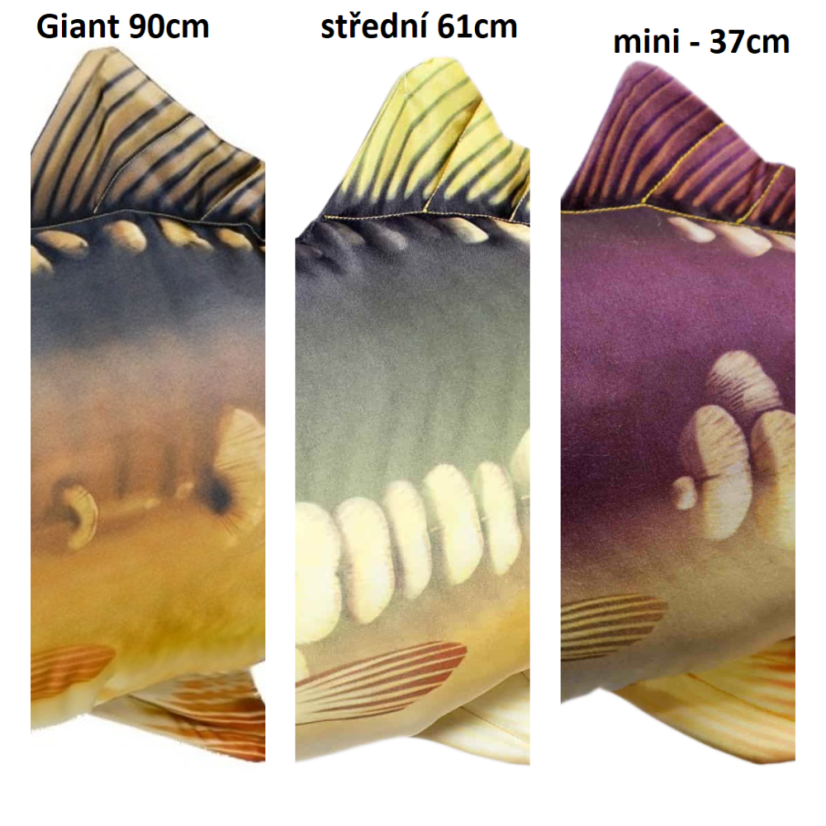 Detail středů těl plyšových kaprů Lysec Gaby – 37cm, 61cm, 90cm, barevné rozdíly velikostí