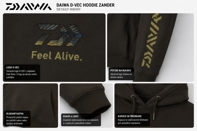 Detaily mikiny Daiwa D-Vec Hoodie Logo Zander Olive